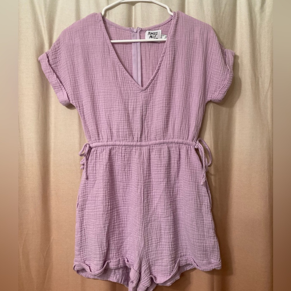 Princess Polly Cinched Waist Lavender Purple Crinkle Short Romper